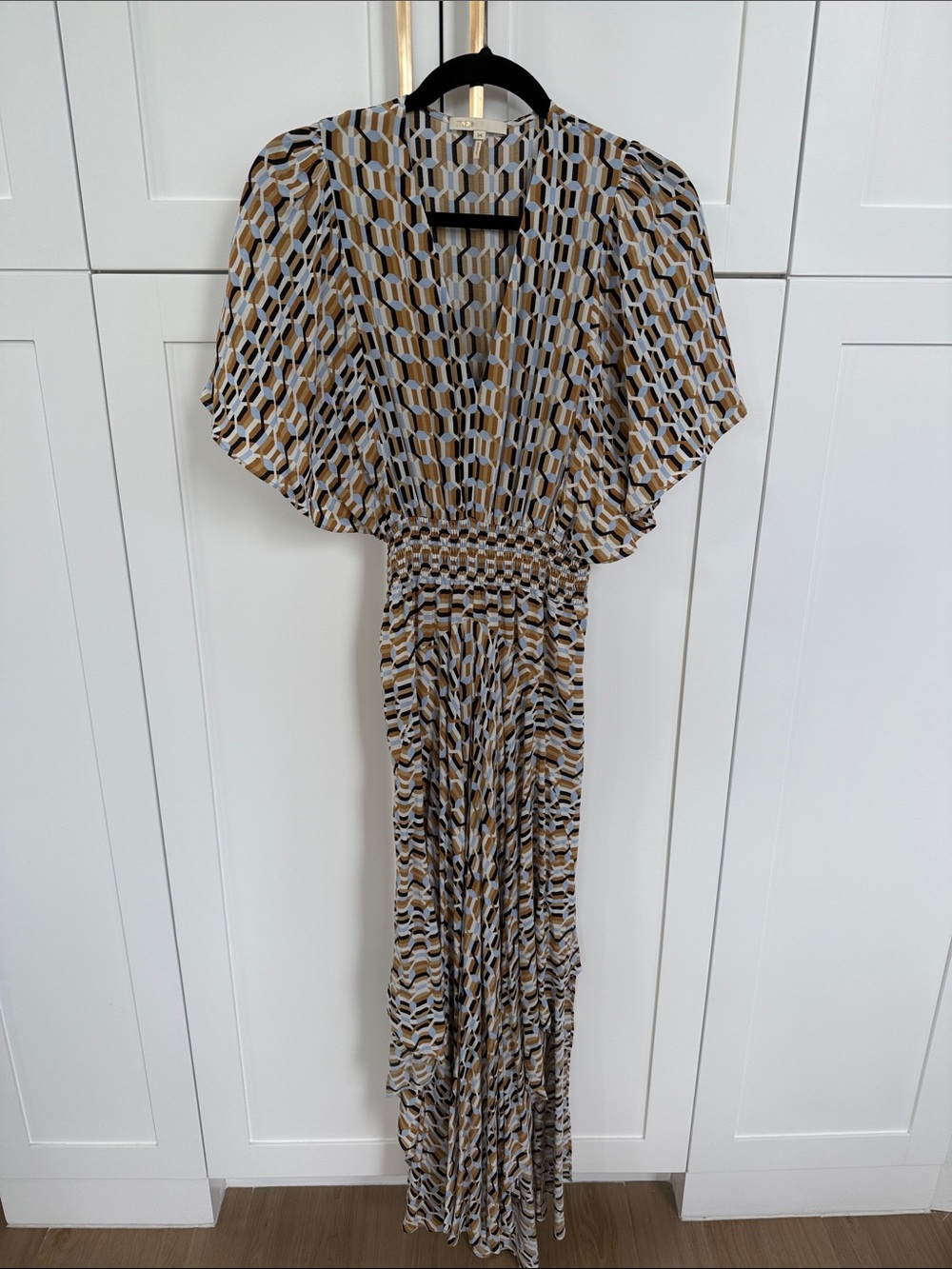 Maje Printed V-Neck Maxi Dress in Beige Multi
